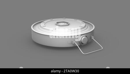 Weiße Militärpanzermine auf grauem Studio-Hintergrund. Perspektivische Ansicht. Schwarzweiß. Minimales Konzept. 3D-Rendering. Stockfoto