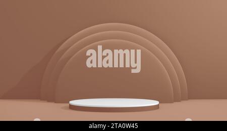 Weißes kreisförmiges Podium für Produktkonzept auf einem Beige Brown Studio Hintergrund mit Kreisen dahinter . Minimales Konzept. Abbildung 3D-Rendering. Stockfoto
