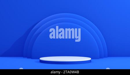 Blaues und weißes kreisförmiges Podium für Produktkonzept auf blauem Studio-Hintergrund mit Kreisen dahinter. Minimales Konzept. 3D-Rendering. Stockfoto