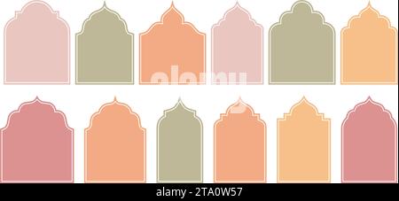 Flacher Stil Vektor Design von islamischen Form Fenster Tür Rahmen in Retro Boho Farben. Ästhetische Illustrationen, die sich perfekt für verschiedene Konstruktionsanwendungen eignen. Stock Vektor