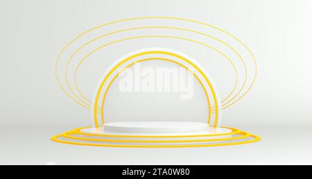 Weißes Reflect Podium mit gelben Kreislinien für Produktkonzept auf weichem weißem Studio-Hintergrund. Minimales Konzept. 3D-Rendering. Stockfoto