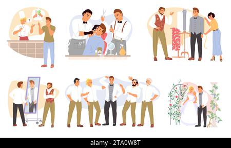 Vorbereitung des Bräutigams auf den Hochzeitstag, isoliertes Set Stock Vektor