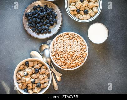 Auswahl an Vollkorn-Müsli und Müsli zum Frühstück in Schüsseln auf hellem Holzhintergrund. Fastfood. Draufsicht. Leerzeichen für Text. Stockfoto