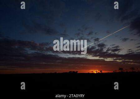 Sonnenaufgang zwischen den Feldern bei Erwitte Horn, Kreis Soest, NRW, Deutschland, Europa - Sonnenaufgang zwischen den Flügeln, nordrhein-westfalen, Stockfoto