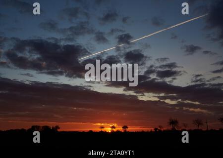 Sonnenaufgang zwischen den Feldern bei Erwitte Horn, Kreis Soest, NRW, Deutschland, Europa - Sonnenaufgang zwischen den Flügeln, nordrhein-westfalen, Stockfoto