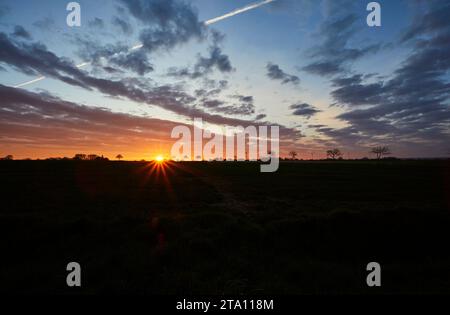 Sonnenaufgang zwischen den Feldern bei Erwitte Horn, Kreis Soest, NRW, Deutschland, Europa - Sonnenaufgang zwischen den Flügeln, nordrhein-westfalen, Stockfoto