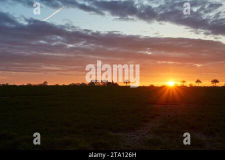 Sonnenaufgang zwischen den Feldern bei Erwitte Horn, Kreis Soest, NRW, Deutschland, Europa - Sonnenaufgang zwischen den Flügeln, nordrhein-westfalen, Stockfoto