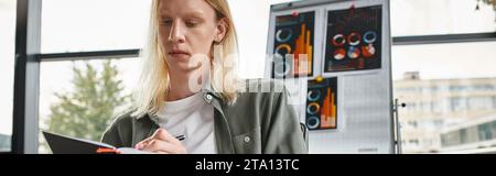 Gut aussehende, nicht binäre Person in grünem Hemd, die Notizen am Schreibtisch macht, Geschäftskonzept, Banner Stockfoto