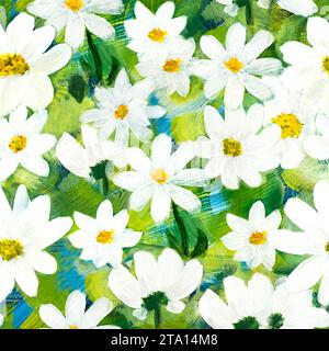 Nahtloses Muster abstrakter weißer Blumen, Original handgezeichnet, Impressionismus-Stil, Farbtextur, Kunstmalerei, kreative handgemalte Kunst im Hintergrund Stockfoto