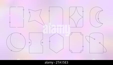 Moderne Cosmic Line Frames Kollektion mit Sparcle, Sternen. Y2K spirituelle geometrische Vektorbogenformen auf holographischem Hintergrund. Stock Vektor