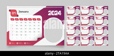 Moderne, abstrakte Büroschreibkalenderschablone für das Jahr 2024 mit Bildhalter Stock Vektor