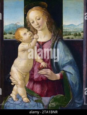 Madonna und Kind mit einem Granatapfel, 1478–1480, Jungfrau Maria, Christkind, religiöse Kunst von Lorenzo di Credi (1459–1537) Stockfoto