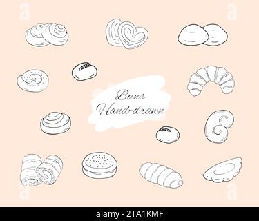 Backwaren. Background Doodle Set von Brötchen. Handgezogene Bagels. Illustration der Vektorskizze auf weißem Hintergrund isoliert. Stock Vektor
