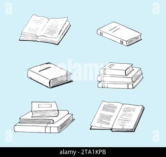 Handgezeichnete Bücher eröffneten Vintage-Bücher und einen Stapel von Büchern. Bücher Vektorsammlung isoliert auf hellblauem Hintergrund. Stock Vektor