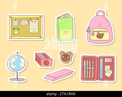 Set aus Schulpapier-Zubehör im Cartoon-Stil. Schultasche, Globus, Buch. Handgezeichnete Doodle-Aufkleber. Farbige Vektordarstellung isoliert. Stock Vektor