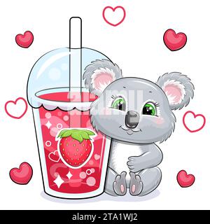Niedlicher Karikaturkoala mit einem großen Erdbeergetränk. Vektor-Illustration von Tier und einer Tasse rotem Wasser auf weißem Hintergrund mit roten Herzen. Stock Vektor