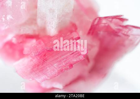 Natürliche Rubellith (rosa Turmalin) Mineralkristalle auf weißem Hintergrund Stockfoto