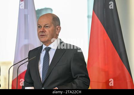 Berlin, Deutschland 28. November 2023: Begrüßung des Premierministers der Republik, Malta. November 2023. Im Bild: Bundeskanzler Olaf Scholz SPD *** Berlin, Deutschland 28. November 2023 Begrüßung des Ministerpräsidenten der Republik Malta 28 11 2023 im Bild Bundeskanzler Olaf Scholz SPD Copyright: XFotostandx/xReuhlx Credit: Imago/Alamy Live News Stockfoto