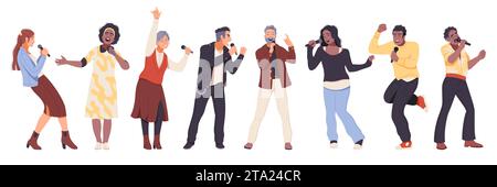 Karaoke-Sänger. Glückliche Senioren, talentierte Männer und Frauen mit Mikrofon singen und tanzen, Musiker treten auf, Sänger in verschiedenen Posen Stock Vektor