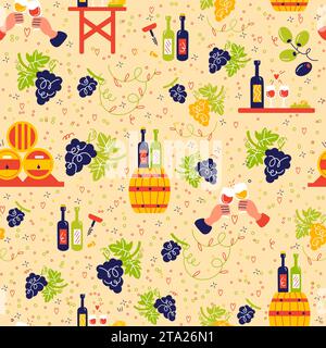 Nahtloses Muster mit Wein. Rote und weiße Traubengetränke. Dekor aus Textil, Geschenkpapier und Tapetendesign. Küchendruck für Stoff. Handbrille Stock Vektor