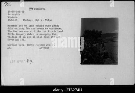 Marines der 1st Provisorischen Rifle Company bilden eine Linie hinter einem Reisfelddeich während der Kampfeinsätze im Dorf da Son, Vietnam am 15. Juli 1969. Sie warten darauf, das Gebiet in Abstimmung mit dem 1stMarDiv weiter durchzufegen. Foto von CPL J. Volpe, bereitgestellt vom Verteidigungsministerium. Stockfoto