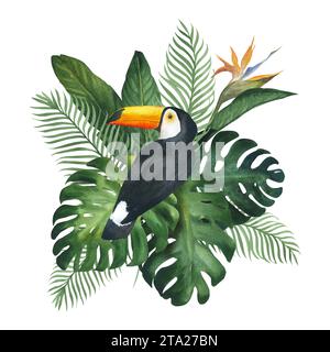 Aquarellillustration von Tukan und tropischem Bouquet mit Monstera, Blume und Palmblättern. Grüne tropische Pflanze, handgezeichnet, isoliert Stockfoto