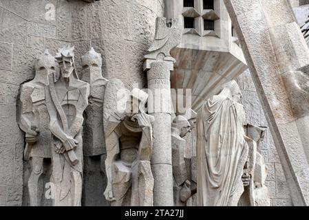 Skulpturen, Passionsfassade, La Sagrada Familia, Tempel Expiatori de la Sagrada Familia, Antoni Gaudi, UNESCO-Weltkulturerbe, Eixample Stockfoto