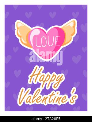 Romantische Valentinstag-Postkarte im Cartoon-Stil. Herz mit Flügeln und die Inschrift Liebe. Vektorabbildung. Stock Vektor