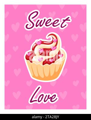 Niedliche Valentinskarte mit einem Cupcake. Kuchen mit Creme, dekoriert mit Herzen im Cartoon-Stil. Vektorabbildung. Stock Vektor