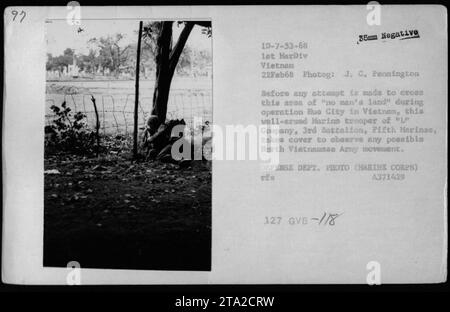 Ein Marinetruppen beobachtet mögliche Bewegungen der nordvietnamesischen Armee während der Operation Hue City in Vietnam. Dieses Foto zeigt die Intensität und Vorsicht amerikanischer Militärangehöriger während des Vietnamkriegs. (Bildunterschrift: Foto Des Verteidigungsministeriums, Operation Hue City, 22. Februar 1968) Stockfoto