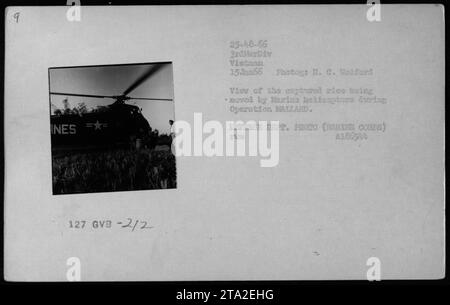 Marius Helikopter transportierten Reis während der Operation HALLARD am 15. Januar 1966 in Vietnam als Teil der Logistikoperationen der 3rd Marine Division, fotografiert von H.C. Wolford. Stockfoto