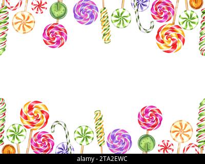 Horizontaler Rahmen von Mischlutschen. Bunte Spirale, runde Süßigkeiten, Bonbon mit gestreiften Strudeln, Zuckerkaramell am Stock. Kopierbereich für Text. Stockfoto