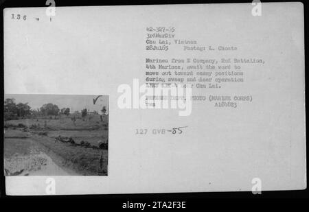 Marines der E-Kompanie, 2. Bataillon, 4. Marines, bereiten sich auf feindliche Positionen vor, während der Operation LIEN KIT-4 in der Nähe von Chu Lai. Dieses Foto wurde am 28. Juli 1965 vom Fotografen L. Choate aufgenommen und stammt von den amerikanischen Militäraktivitäten während des Vietnamkriegs. Stockfoto