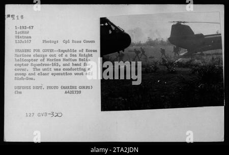 Bildunterschrift: Die Marines der Republik Korea verließen einen Sea Knight Helikopter der Marine Medium Helicopter Squadron-165 während einer Operation westlich von Binh Son am 12. Juli 1967. Die Marines sind auf dem Weg zur Deckung, während sie vorrücken. Foto von CPL Russ Cowen, Verteidigungsministerium (Marine Corps) fhm A421739 127 GVB-3XO. Stockfoto