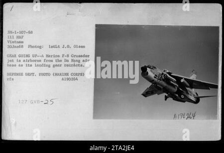 Ein F-8 Crusader-Jet der Marine startet am 20. Januar 1968 vom Luftwaffenstützpunkt da Nang in Vietnam. Auf diesem Foto wird das Fahrwerk des Flugzeugs zurückgezogen, während es in die Luft gelangt. Das Bild wurde von 1stLt J.0 erfasst. Olsen und ist ein Foto des Verteidigungsministeriums. (Bildunterschrift: Ein Marine F-8 Crusader Jet startet von da Nang Luftbasis mit einfahrendem Fahrwerk. Foto von 1stLt J.0. Olsen, 20. Januar 1968. Foto des Verteidigungsministeriums.) Stockfoto