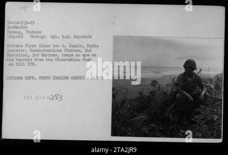 Der private First Class Leo A. Yassie, ein Funkbetreiber des Kommunikationszuges des 2. Bataillons, 3. Marines, hält am 19. April 1965 Wache vom Beobachtungsposten auf dem Hügel 278 in Deneng, Vietnam. Das Foto wurde von Sergeant R.R. Reynolds aufgenommen und ist ein offizielles Foto des Verteidigungsministeriums. Stockfoto