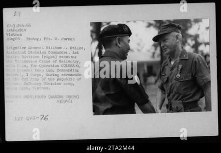 Brigadegeneral William Stiles, stellvertretender Divisionskommandant der 1. Marine-Division, erhält das vietnamesische Kreuz der Gallanterie mit Palm von General Xuan Lam, Commanding General, I Corps, während einer Zeremonie im Lager der 2. Armee der Republik Vietnam Infanteriedivision in ng ilgai, Vietnam. Stockfoto