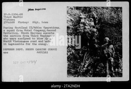 Während der Operation Saline II in Vietnam am 27. Oktober 1968 kann ein Trupp der Hotel Company, Second Battalion, Ninth Marines gesehen werden, wie er einen Abschnitt von Third Engineers begleitet. Ihre Mission war es, eine nordvietnamesische Straße zu zerstören, um feindliche Bewegungen zu behindern. Dieses Foto wurde von SSgt aufgenommen. Lowe während der Operation Scotland II/Afton. Stockfoto