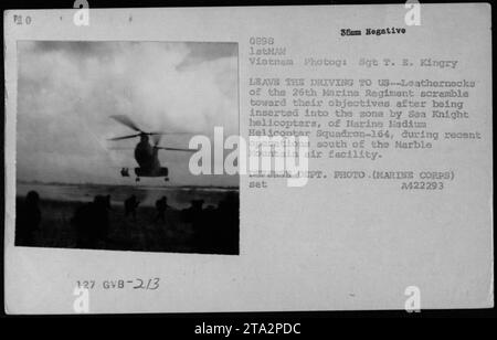 Marines des 26. Marine-Regiments werden von Sea Knight Helikoptern der Marine Medium Helicopter Squadron-164 während Operationen in der Nähe der Marble Mountain Air Facility in Vietnam in eine Kampfzone eingesetzt. Das Foto zeigt die Marines, die sich auf ihre Ziele konzentrieren. (Foto von Sgt T. E. Kingry 1967) (Bildunterschrift: DEFENSE DEPT. FOTO (MARINEKORPS) SAT A422293) Stockfoto