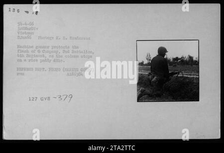 Ein Maschinenschützer der G Kompanie, 2. Bataillon, 4. Regiment, beschützt die Flanke seiner Einheit, als sie am 2. Januar 1966 auf einem Reisfelddeich in Vietnam Halt machen. Das Foto zeigt eine militärische Aktivität der USA während des Vietnamkrieges und zeigt den Einsatz von US-Waffen. VERTEIDIGUNGSABTEILUNG. FOTO (MARKE CORPS) A186384 FELL 127 GVB-379. Stockfoto