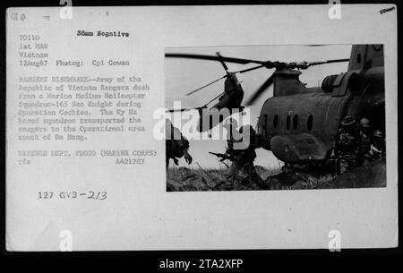 Armee der Republik Vietnam Rangers, die während der Operation Cochise am 12. August 1967 von einem mittelgroßen Marine-Hubschrauber aussteigen. Die Hubschrauber, die von der Marine Medium Helicopter Squadron-165 in Tha Ky Ha betrieben wurden, transportierten die Ranger in ein Einsatzgebiet südlich von da Nang. Foto von CPL Cowan Hargers. Foto des Verteidigungsministeriums (Marine Corps). Stockfoto