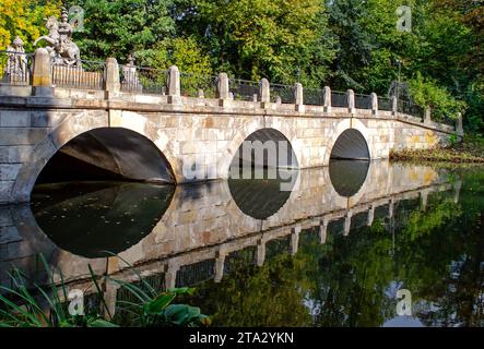 Neoklassizistische Bogenbrücke am Eingang zum Łazienki Królewskie (Lazienki-Park), Warschau, Polen Stockfoto