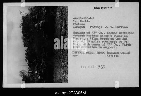 Marines von 'E' Co., Second Battalion Seventh Marines, die am 12. Mai 1968 auf Que Noi Island, Vietnam, Sweep-Operation durchführen. Die Operation, bekannt als Allen Brook, wurde von Panzern des Fünften Panzerbataillons B' Co. Unterstützt. Dieses Bild wurde von A.V. Huffman fotografiert und ist Teil der Sammlung des Verteidigungsministeriums aus dem Vietnamkrieg. Stockfoto