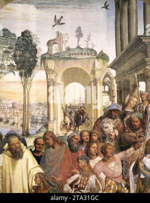 Leben des Heiligen Benedikt, Szene 12: Benedikt empfängt Maurus und Placidus (Detail) 1505-08 von Il Sodoma Stockfoto