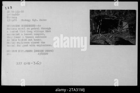 Eine Gruppe Marines patrouillierte durch ein bombardiertes Dorf Viet Cong während der Operation MONTGOMERY am 13. Mai 1966. Sie entdeckten einen Tunneleingang, der in einem zerstörten Haus versteckt war. Marine Ingenieure benutzten Sprengstoff, um den Tunnel dauerhaft zu versiegeln. Dieses Foto mit der Bezeichnung A369300 wurde von Sgt. Salve aufgenommen und ist Teil der 1D-10-133-66 Sammlung amerikanischer Militäraktivitäten in Vietnam. Stockfoto