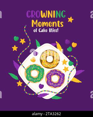 King Cake. Festliche Backwaren und Süßigkeiten. Karneval des Mardi Gras. Donuts mit farbenfroher Glasur, perlenbesetzte Halsketten, Federn auf Teller. Feiertag Fetter Dienstag. Vektor Stock Vektor