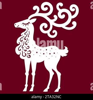 Weihnachtshirsch. Schablone zum Laserschneiden aus beliebigen Materialien. Für die Gestaltung von Weihnachts- und Neujahrsdekorationen, Öffnern, Weihnachtsbaumdekorationen Stock Vektor