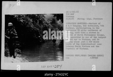 Marines der H&S Company, 2. Bataillon, 4. Marines, werden am 21. Juli 1966 an der Operation Hastings teilgenommen. Diese Operation fand 75 Meilen nordwestlich von Danang statt und war eine der größten während des Vietnamkriegs. Die Marines führen eine Patrouille entlang eines Flusses auf der Suche nach nordvietnamesischen Truppen in der Nähe der entmilitarisierten Zone durch. Dieses Foto wurde von LCpl aufgenommen. Ferreira. Bildquelle: Foto des Verteidigungsministeriums (Marine Corps) A187796 TWI. Stockfoto