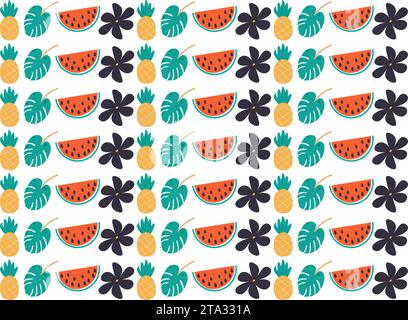 Wassermelone Vektor-Illustration Ananas Hintergrund MUSTER tropisches Blatt und Blume Stock Vektor