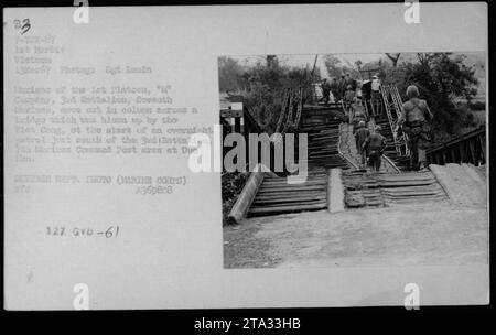 US-Marines von der 'W' Kompanie, 3. Bataillon, 7. Marines, überqueren eine gesprengte Brücke während einer Patrouille südlich des Kommandopostens des Bataillons bei Duc Pho, Vietnam. Die Brücke wurde von den Viet Cong zu Beginn der Nachtpatrouille zerstört. Foto von Sergeant Lenin Trices am 13. März 1967. Stockfoto